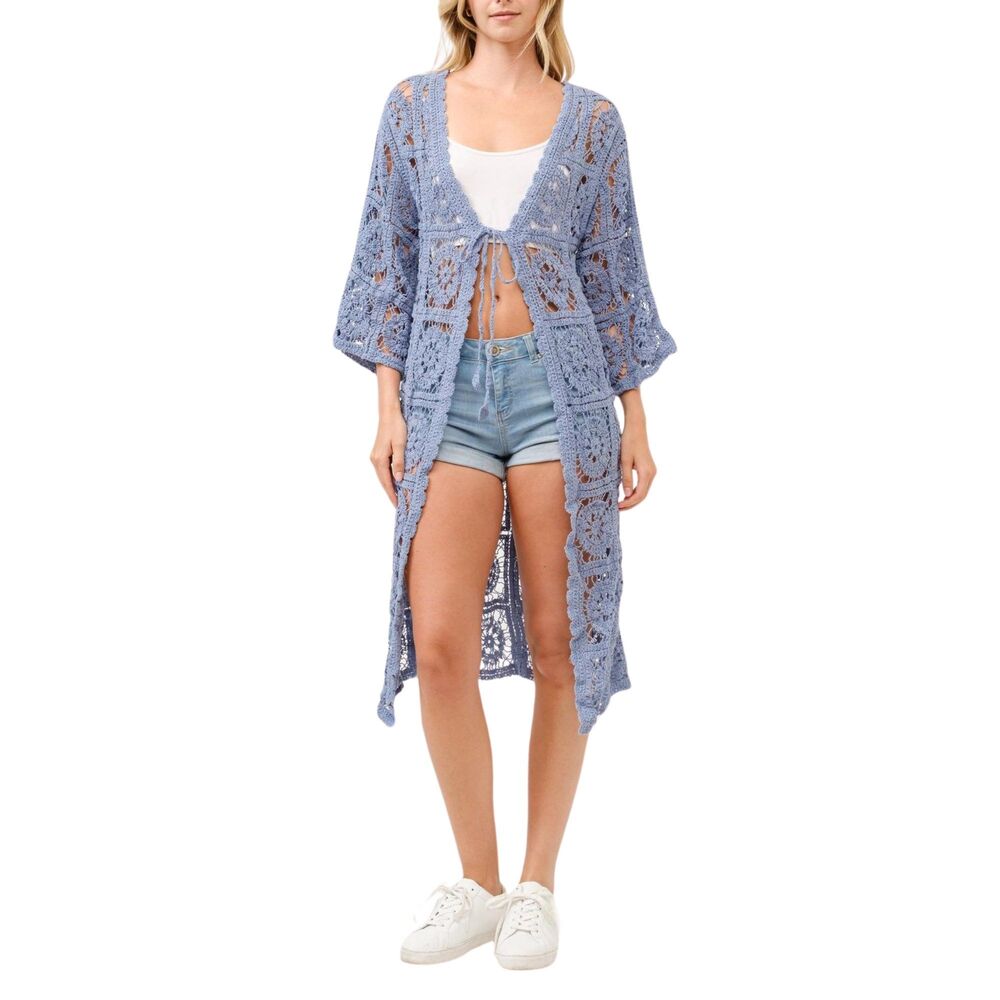 Periwinkle Blue Crochet Kimono Long Swimwear Coverup Beach Swimsuit One Size